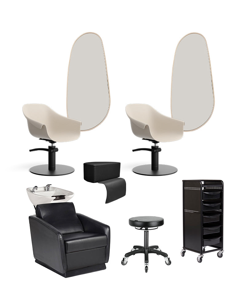 Beige hairdresser starter kit - with 2 styling stations, 1 washing station, and equipment