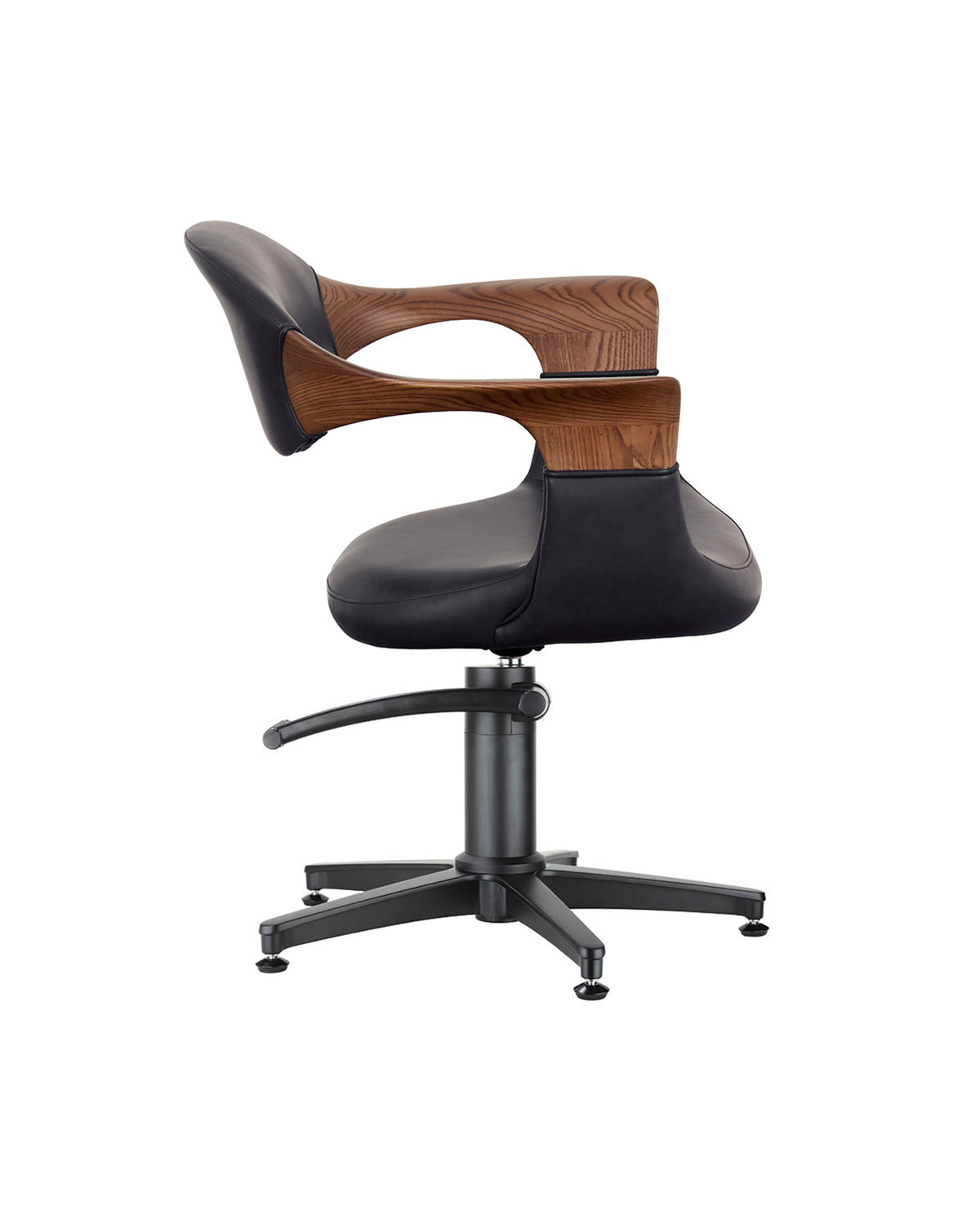 Oakley Midnight - Gray styling chair with black cross base and oak armrests