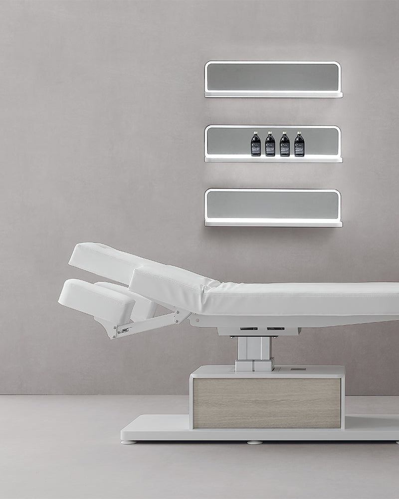 The Ben - White massage table with details in gray oak pattern - with motor - with adjustable armrests