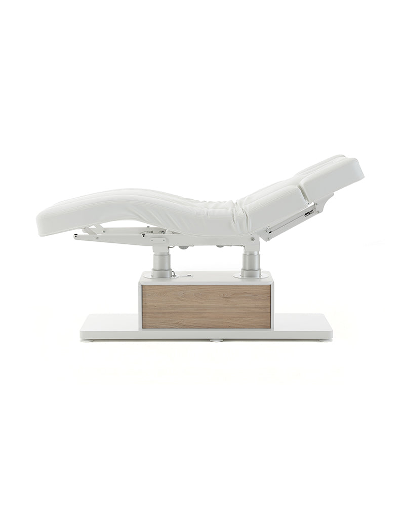 The Clair - White massage table with oak pattern details - with motor - with adjustable armrests