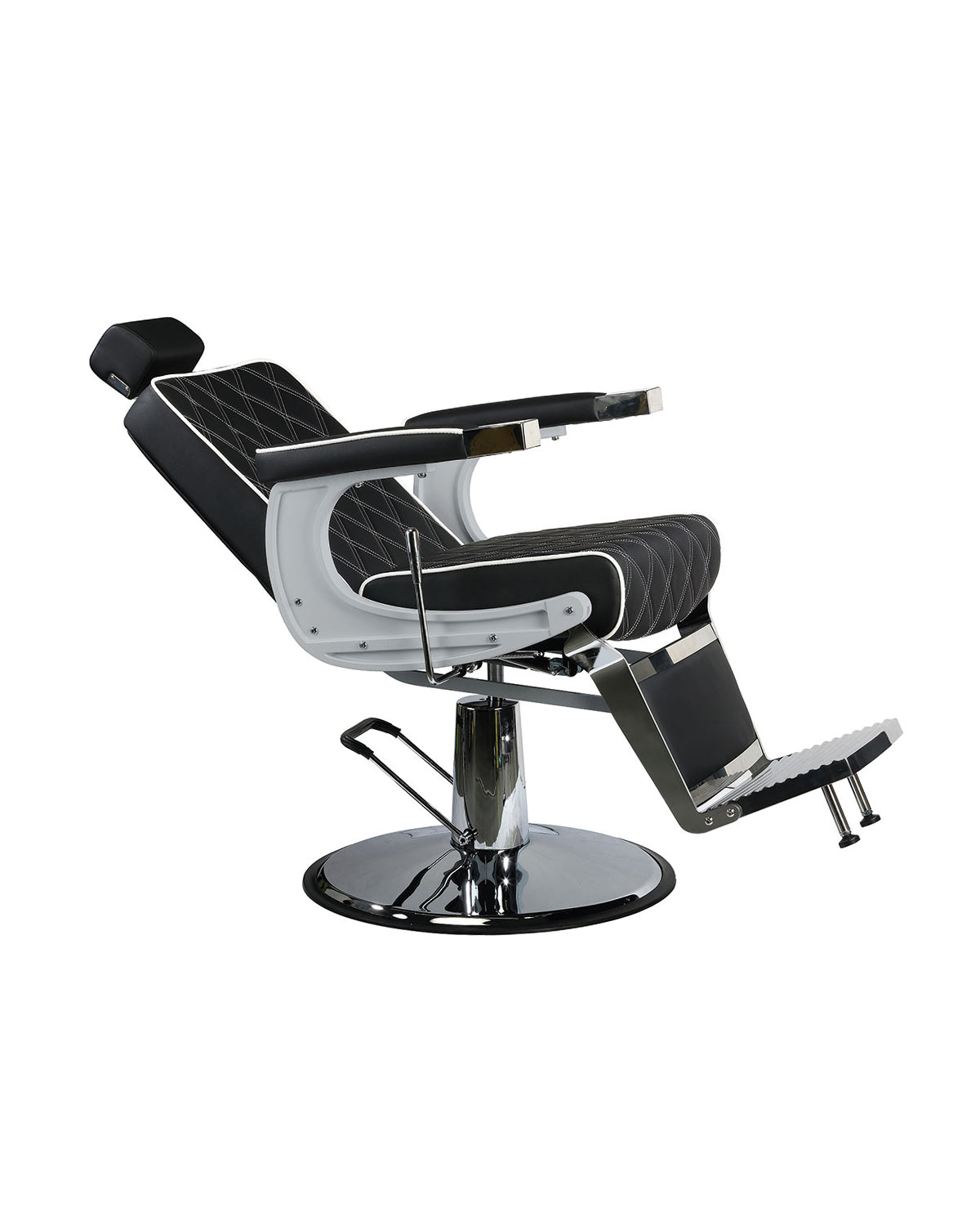 Karl - Black barber chair with white piping and chrome round base
